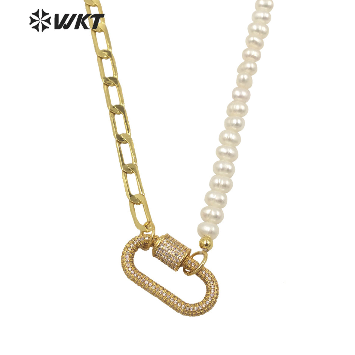 WT-MN975 Amazing Feature 18k Real Gold Plated Combine Chain Necklace Lady Elegant Freshwater Pearl Chain CZ Clasp Necklace