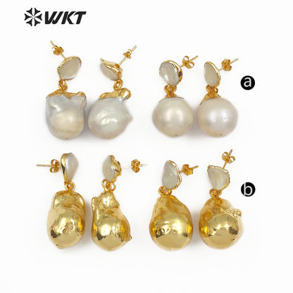 WT-E487 Bridal Wedding Jewelry White Pearl Earring or Gold Dipped Pearl Earring Jewelry Random Shape Baroque Pearl Earring