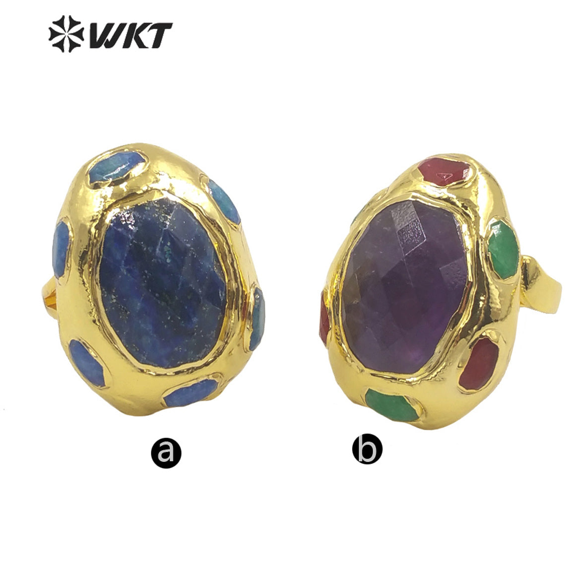 WT-R405 Natural Gemstone Sodalite Amethyst Ring 18k Gold Plated Ball Ring Noble Gas Art Fashion Women Gemstone Ring