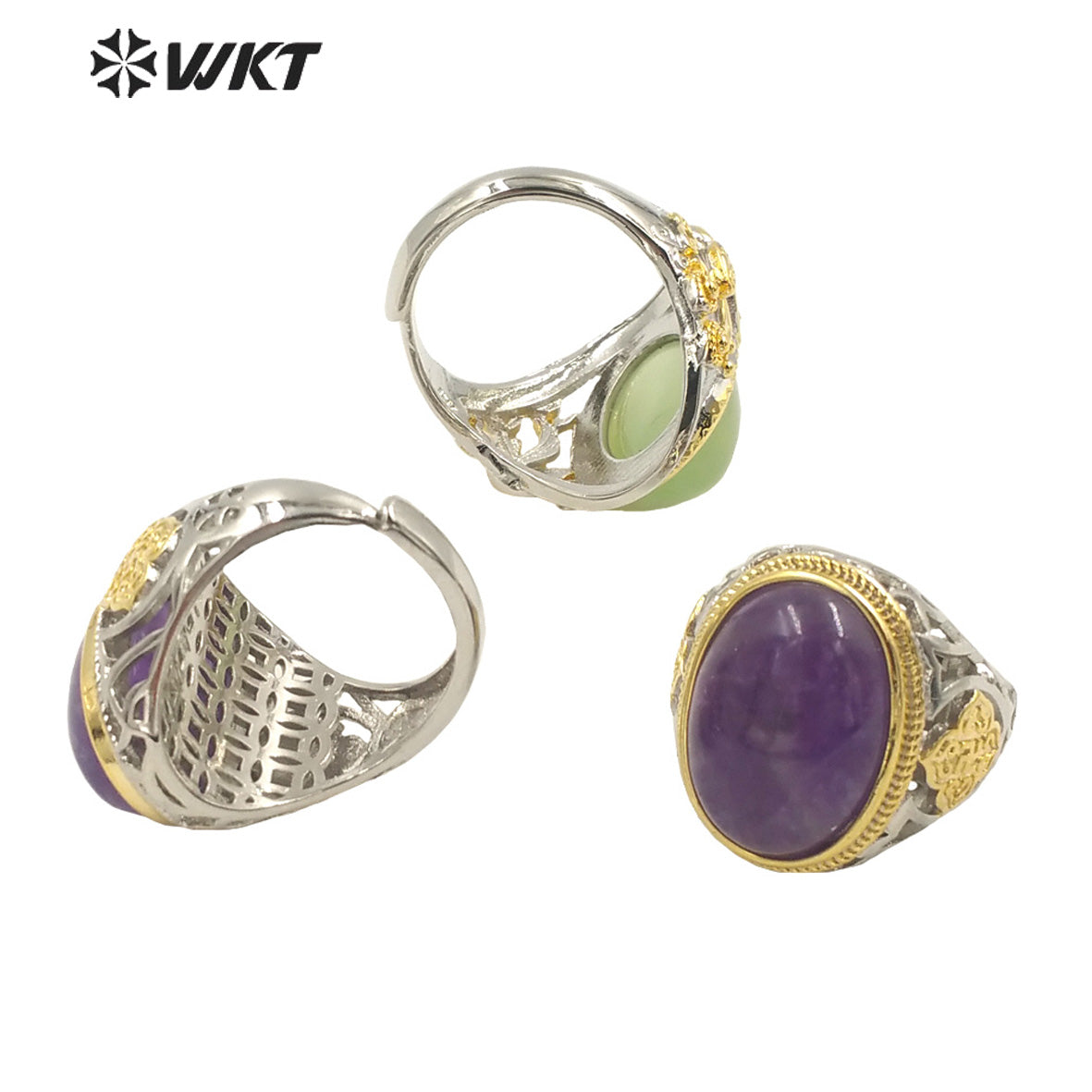 WT-R408 Noble Design Hollow Carved Flower Intricate Craft Rings Round Natural Amethyst Rings Adjustable Natural Stone Rings
