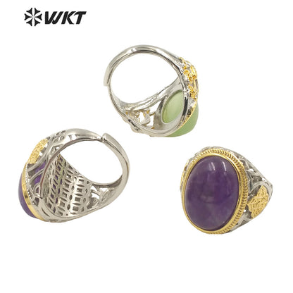 WT-R408 Noble Design Hollow Carved Flower Intricate Craft Rings Round Natural Amethyst Rings Adjustable Natural Stone Rings