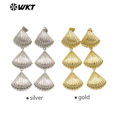 WT-E765 High Quality 18K Gold Plated and Silver Shell Patchwork Long Earrings for Women As Valentine's Day and Anniversary Gifts