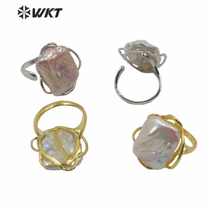 WT-R354 Wholesale Fashion Gold Plated Bezel Setting Square Pearl Ring Women Fashion Bride Wedding Pearl Ring
