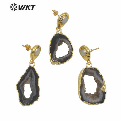 WT-E639 New Natural Black Geode Agate Earrings for Women Fashion Gold Electroplated Real Druzy Stone Dangle Earrings with Pearl