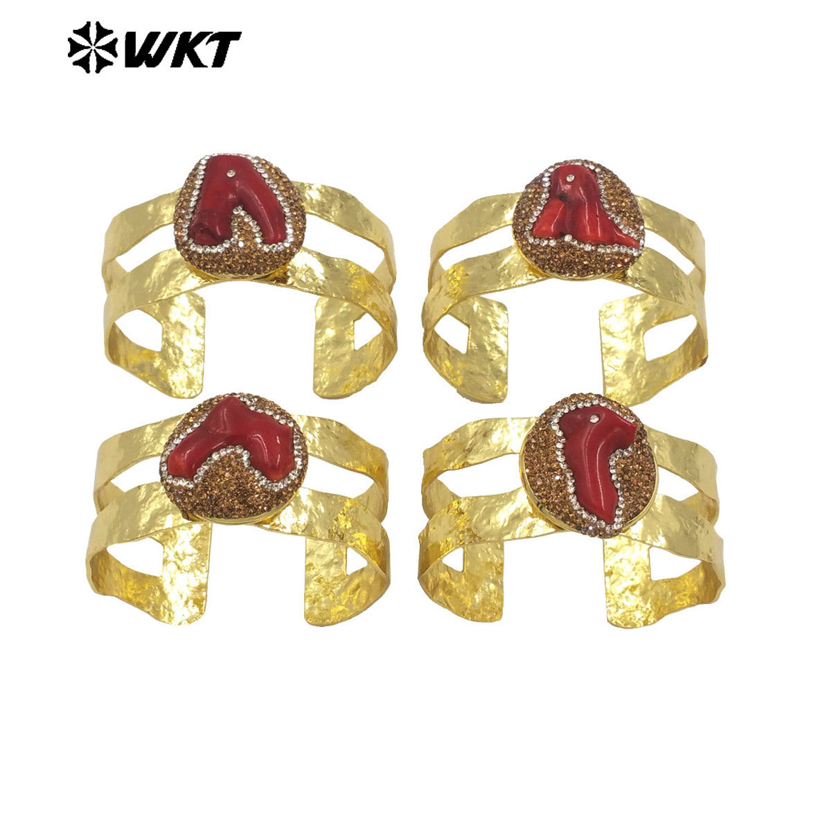 MPB104 WKT Unique Special Design Bohemian Vintage Natural Red Coral With Rhinestone Pave Gold Women Bangle