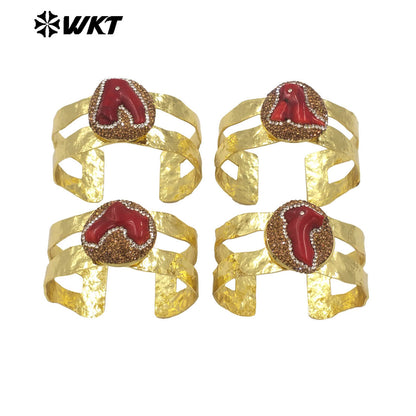 MPB104 WKT Unique Special Design Bohemian Vintage Natural Red Coral With Rhinestone Pave Gold Women Bangle