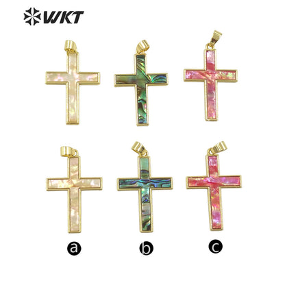 WT-JN277 Wholesale Amazing Christian Natural Shell Cross Pendant Necklace Gold Bezel Setting Unisex Jewelry