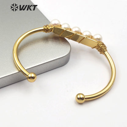 WT-B486 New Design Lady Charm Jewelry Pearl Bangle Pearl Wire Wrapped Gold Plated Bangle Fashion Jewelry for Women