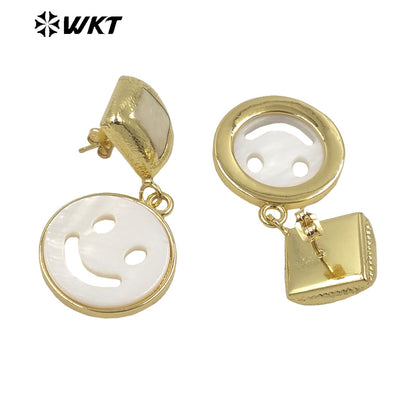 WT-MPE069 Cute Fashion Smiley Shell Dangle Earrings Micro Pave Earring for Women Gifts Charming Shell Earrings