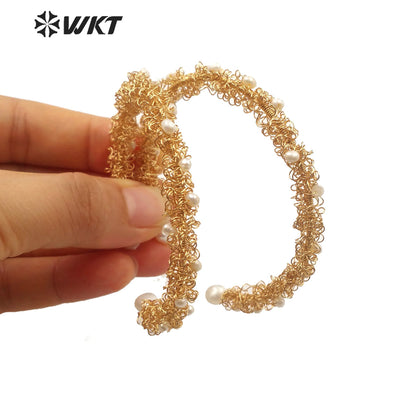 WT-MPB015 Charming Gorgeous Tiny Pearl Cluster Women Gold Bangle Fashion Adjustable Cuff Pearl Bangle Birthday Gift Bangle