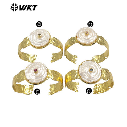 MPB145 New Product 18K Gold Electroplated Zircon And White Shell Carved Flower Shape Cuff Bangle For Women Fashion Accessory