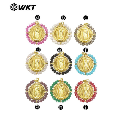 WT-MN986 Amazing New Hand Made Design Wire Wrapped Beads Decorate Big Round Religious Virgin of Guadalupe Necklace