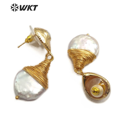 WT-E545 Natural Freshwater Pearl Earring Brass Wire Wrapped Pearl Earring Teardrop Shape Earring for Wedding Jewelry