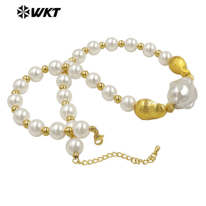 WT-JN292 High Quality Large White and Small Gold Beads Irregular Pearl Necklace Finished Jewelry for Girlfriend As Surprise Gift