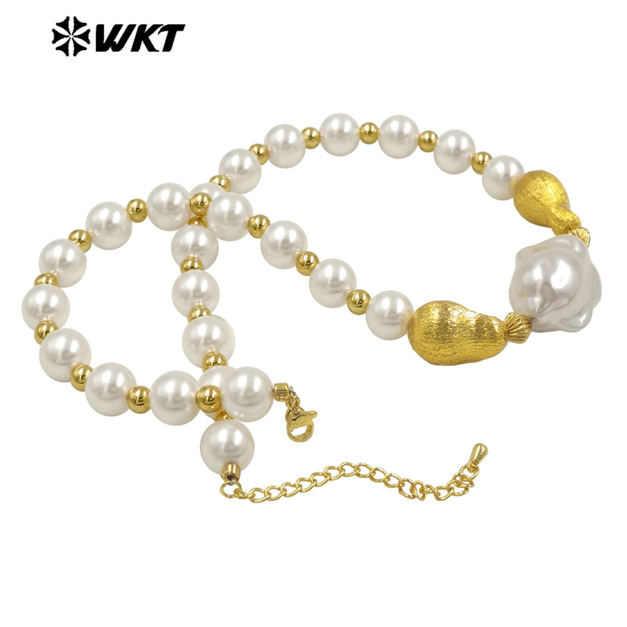 WT-JN292 High Quality Large White and Small Gold Beads Irregular Pearl Necklace Finished Jewelry for Girlfriend As Surprise Gift