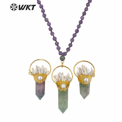 WT-N1246 Wholesale Women Gorgeous Long Beads Stone Fluorite Necklace Gold Fashion Big Chunky Spirit Point Stone Necklace