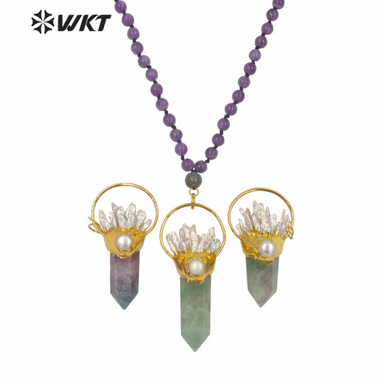 WT-N1246 Wholesale Women Gorgeous Long Beads Stone Fluorite Necklace Gold Fashion Big Chunky Spirit Point Stone Necklace