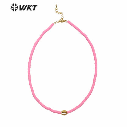 WT-JN125 HOT New Arrive 4mm Spacer Beads Choker Necklace Lady pink Color Cowrie Shell Choker Necklace with Charms