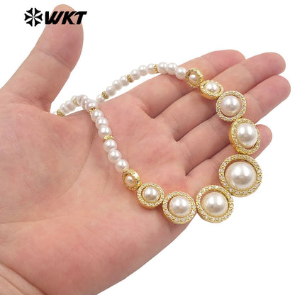 WT-JN290 Stylish Gold Beads Interspersed With Silver Beads Pearl Round Necklace With Small Zircon Jewelry Accessories for Women