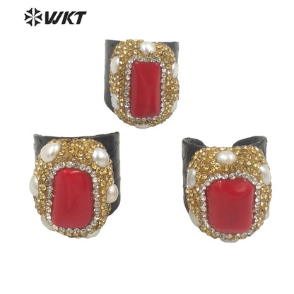 WT-R432 Women Magic Black Genuine Leather Red Coral Ring with Pearl Charm Elegant Rhinestone Pave Party Ring
