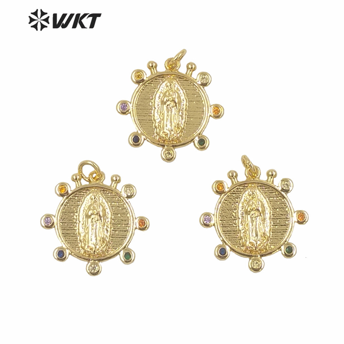 WT-MP148 New Design Populared Christian Religious Virgin Mary Pendants in Gold Electroplated with Color CZ Charms Pendant