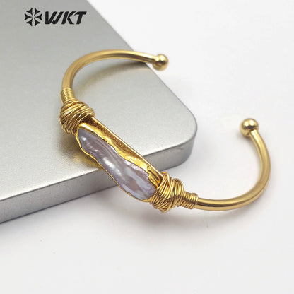 WT-B489 Natural Pearl Bangle Wire Wrapped Bangle Gold Bezel Irregular Pearl Bracelet Women Fashion Charm Bracelet Jewelry