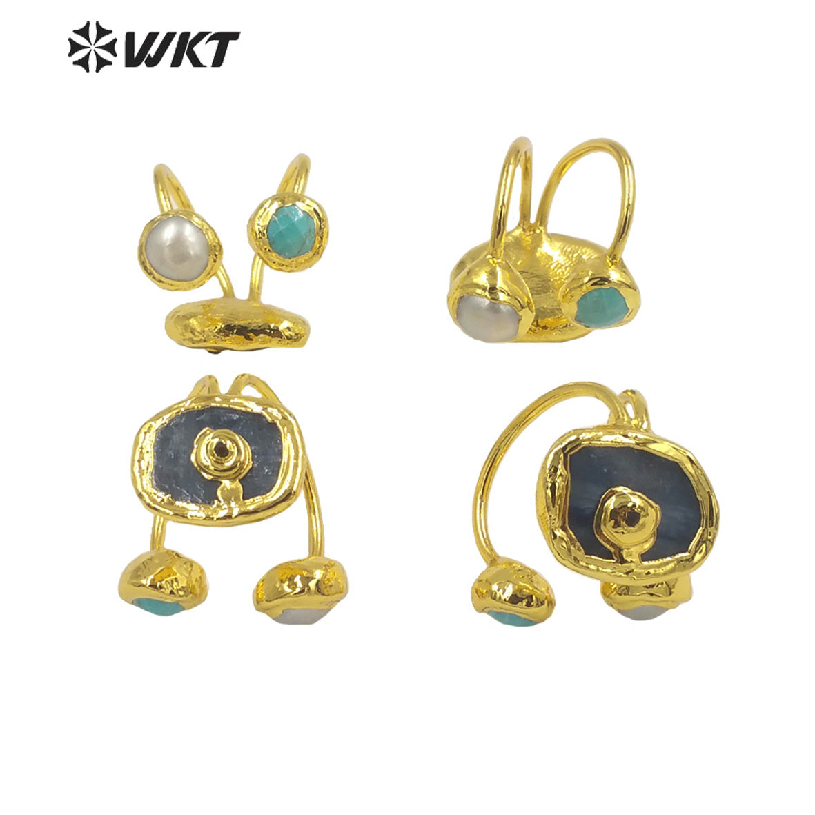 WT-R474 New Design Natural Turquoise & Pearl& Kyanite 18K Gold Plated Peacock Stone Ring Boho Charming Ring