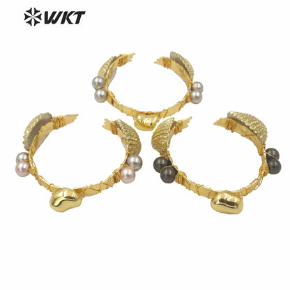 WT-MPB026 Amazing Gold Full Dipped Boho Shell Bangle Women Fashion Vintage Natural Scallop Shell Women Gold Bangle