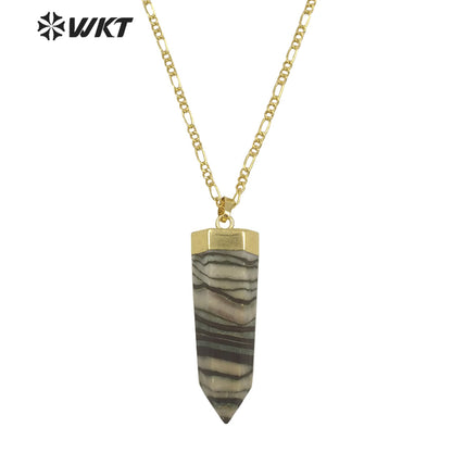 WT-N1301 New Stone Fashion Hexagon Spirit Jade Stone Pendant Necklace 18 Inch Long Chain Women Gold Stone Necklace