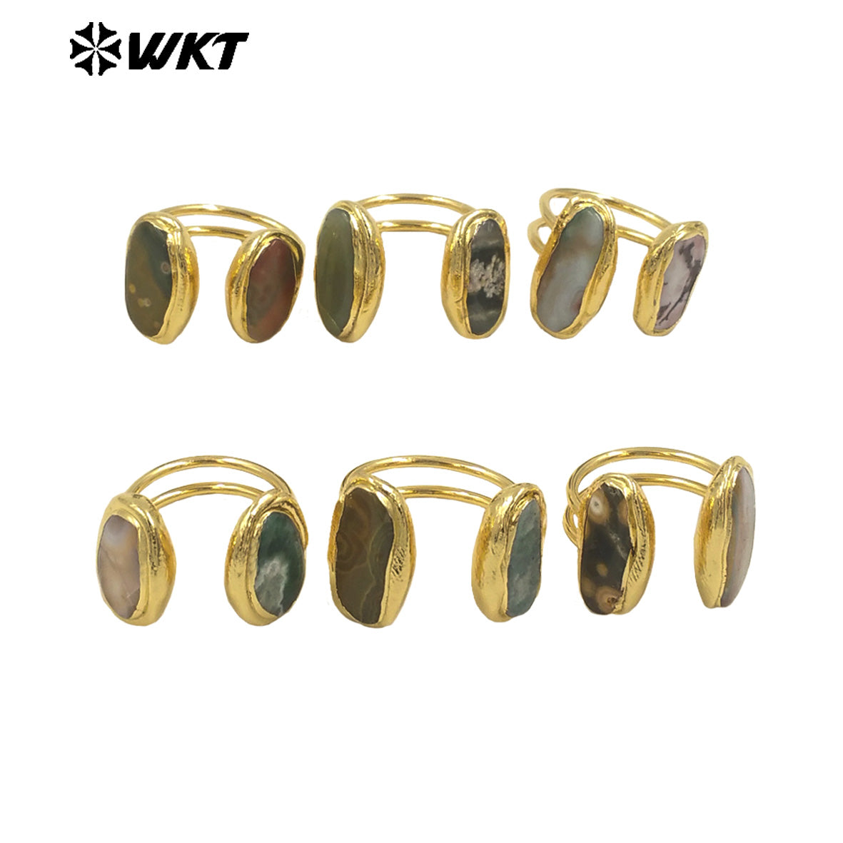 WT-R565 Exquisite Jewelry Natural Ocean Jasper Stone Ring Gold Electroplated Female Lovely Style Oval Shape Wholesale