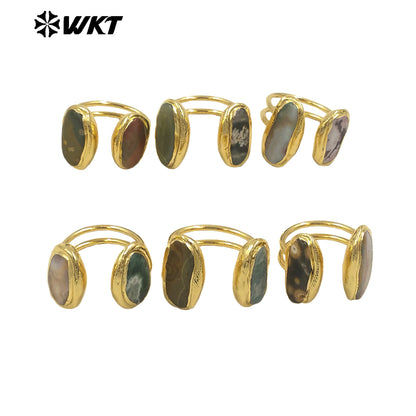 WT-R565 Exquisite Jewelry Natural Ocean Jasper Stone Ring Gold Electroplated Female Lovely Style Oval Shape Wholesale