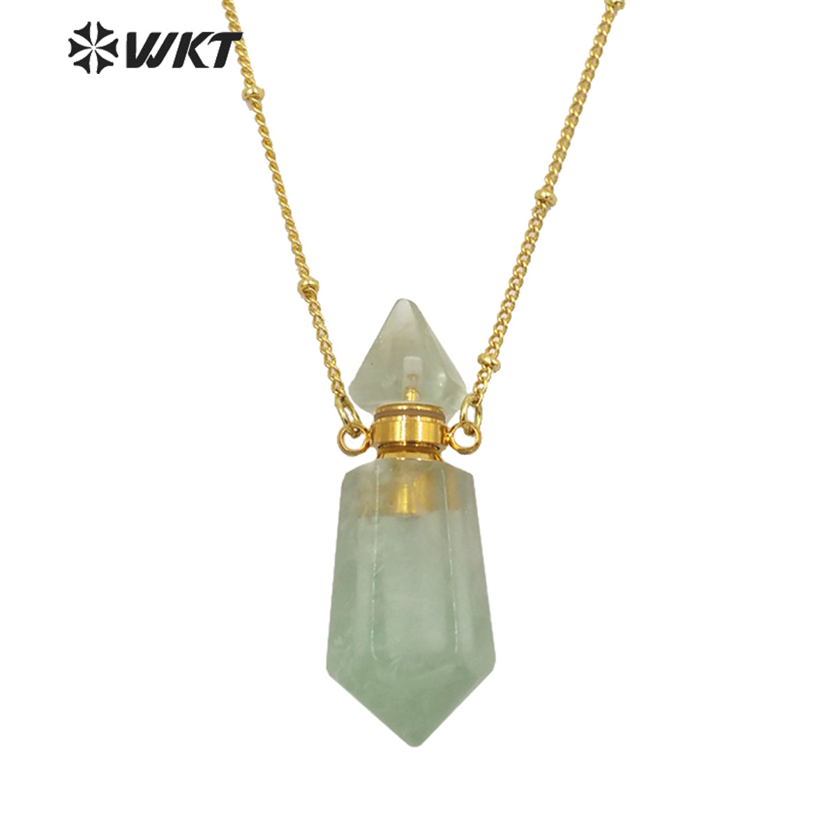WT-N1284 Fashion Gold Plated Double Loops Natural Spirit Quartz Point Stone Perfume Bottle Necklace or Essencial Oil Necklace