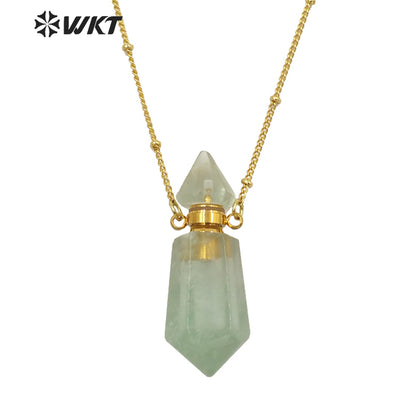 WT-N1284 Fashion Gold Plated Double Loops Natural Spirit Quartz Point Stone Perfume Bottle Necklace or Essencial Oil Necklace