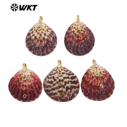 WT-JP527 Good Quality Beautiful Natural Scallop Shell And Colorful Zircon Gold Pendants As Lady Unique Earrings Accessory