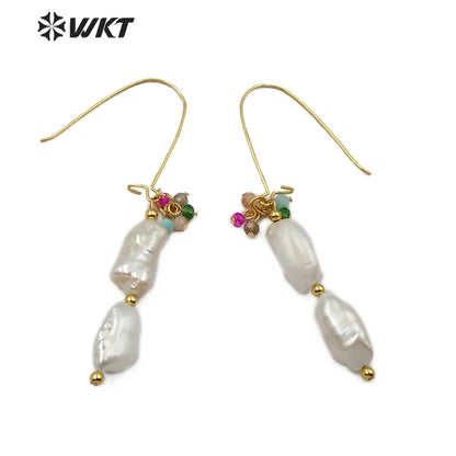 WT-E578 Natural Pearl Earring Irregular Shape With Colorful Beads Gold Electroplated Women Stylish Jewelry Earring