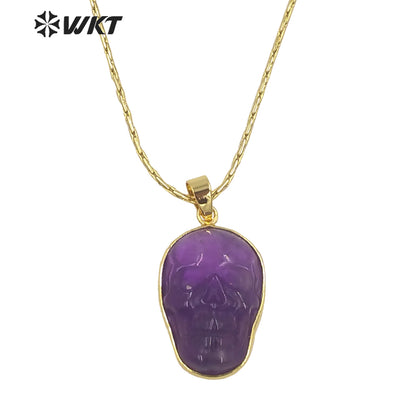 WT-N1357 WKT Special Skeleton Ghost Head Natural Carved Labradorite Necklace Style Rock and Roll Style Skull Necklace