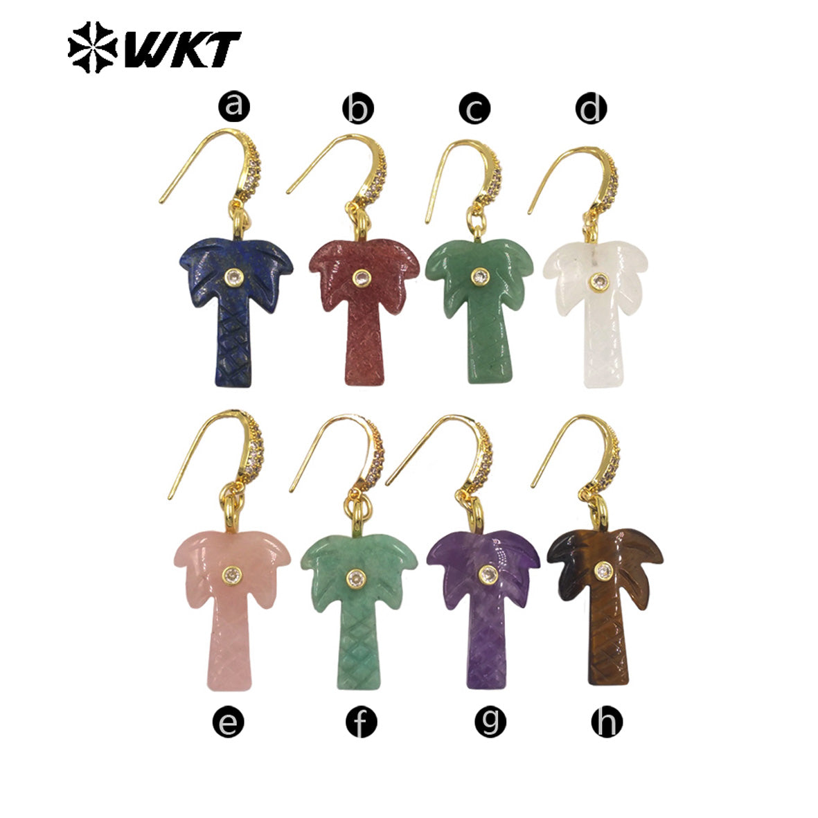 WT-E814 Beautiful Various Natural Gemstones Coconut Tree Shape Gold Pendant Earrings For Girls Summer Matching Jewelry