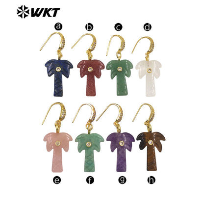 WT-E814 Beautiful Various Natural Gemstones Coconut Tree Shape Gold Pendant Earrings For Girls Summer Matching Jewelry