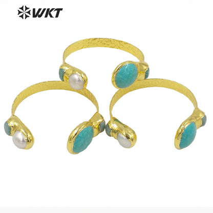 WT-B593 WKT 2022 Beautiful Jewelry Good Design Natural Pearl Stone Bracelet Opening Adjustable Gold Plated Women Jewelry