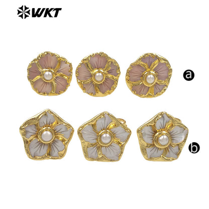 WT-MPR148 Beautiful Hand Carved Flower Shape Pink White Shell And Pearl 18K Gold Plated Rings For Ladies Elegant Jewelry