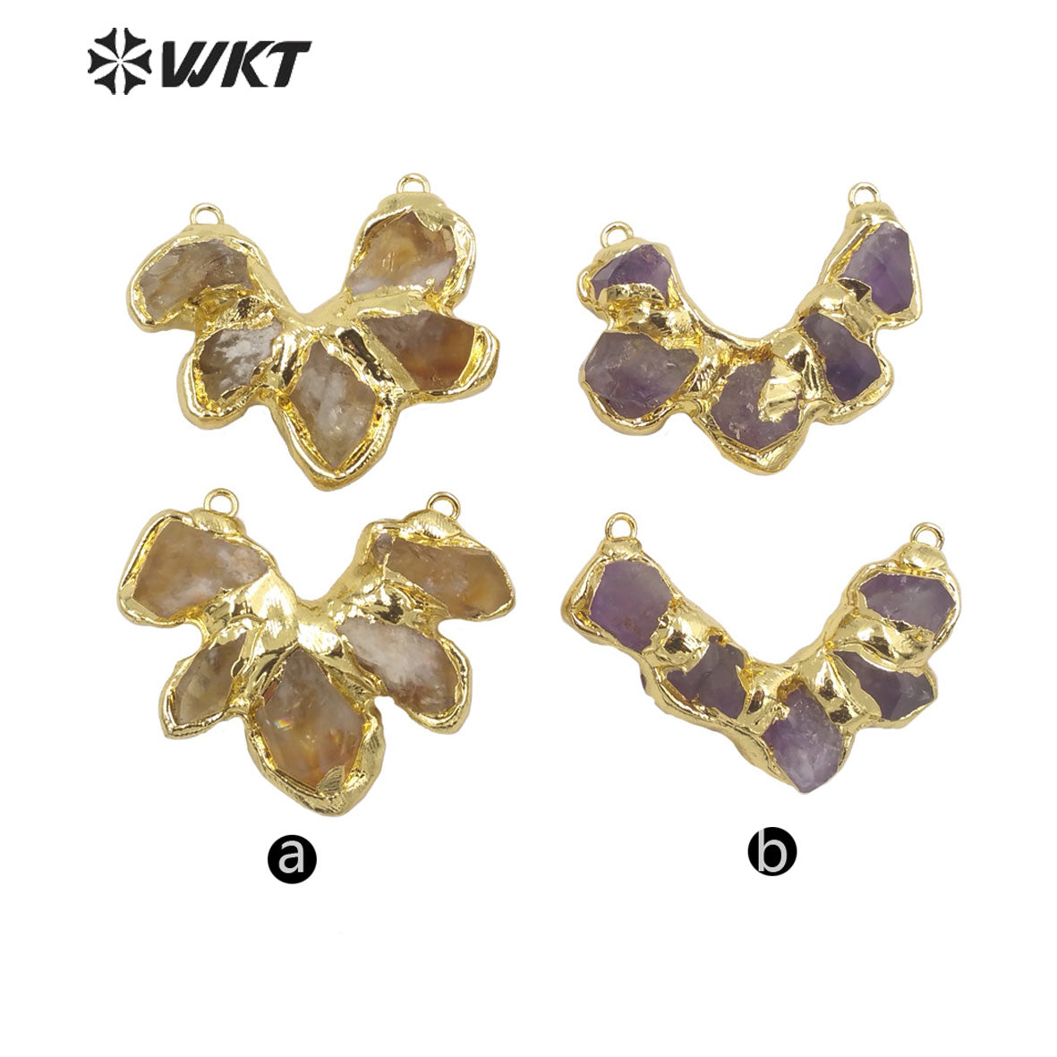 WT-C313 Amazing Handmade Natural Raw Amethyst and Yellow Citrine Quartz Pendant Gold Double Loops Stone Statement Connector
