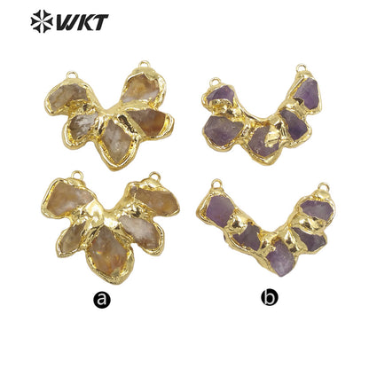 WT-C313 Amazing Handmade Natural Raw Amethyst and Yellow Citrine Quartz Pendant Gold Double Loops Stone Statement Connector
