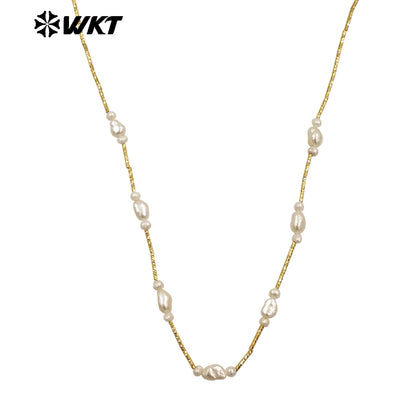 WT-JN279 Elegant Chic Women Hand Strand Made Natural Real Freshwater Pearl Pipe Chain Necklace in 16 Inch Long