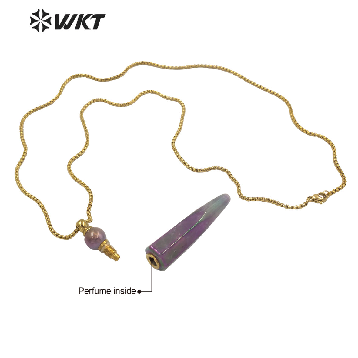 WT-N1282 Wholesale Long Bullet Shape Aura Amethyst Essencial Oil Necklace Lady Natural Stone Perfume Bottle Necklace
