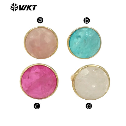 WT-R514 Wholesale New Design Big Round Natural Jade Spring Bright Color Women Gold Ring in Adjustable