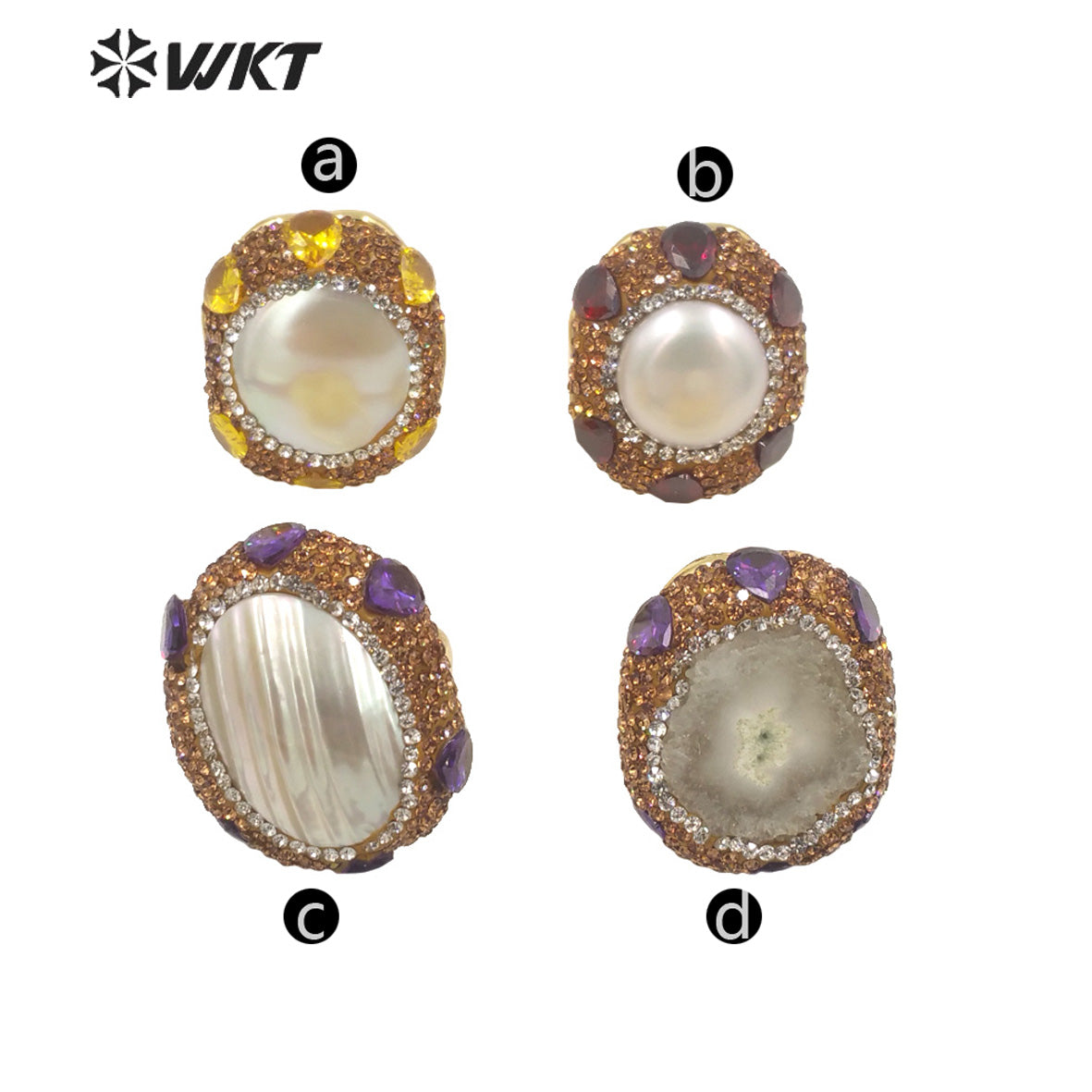 WT-MPR085 New Popular Handmade Design Gold Rhinestone and Freshwater Pearl Mabe Fashion Adjustable Zircon Ring