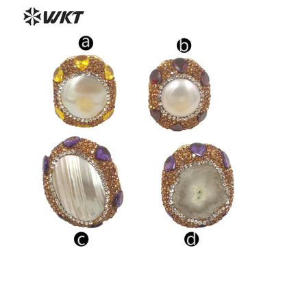 WT-MPR085 New Popular Handmade Design Gold Rhinestone and Freshwater Pearl Mabe Fashion Adjustable Zircon Ring