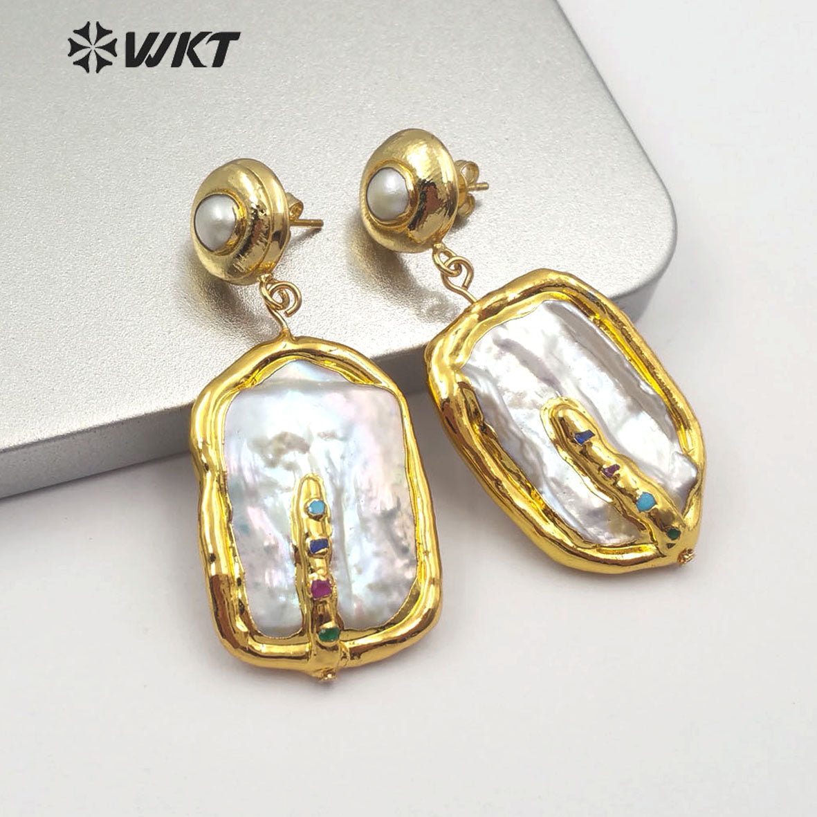 WT-E574 WKT New Arrival Natural Pearl Earring With Color Beads Rectangle Shape Gold Plated Pearl Earrings Women Fashion Jewelry