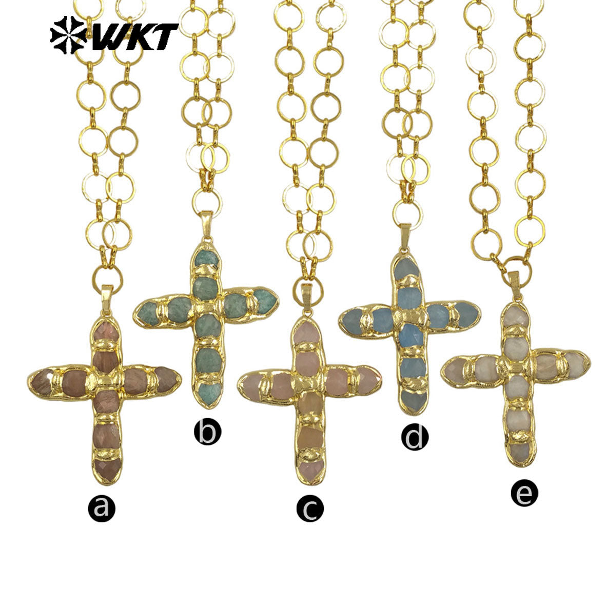 WT-N1491 Amazing High Quality Natural Gemstone Christian Necklace Cross Shape Gold Plated Circle Chain in Multi Colors