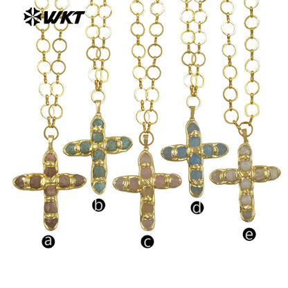WT-N1491 Amazing High Quality Natural Gemstone Christian Necklace Cross Shape Gold Plated Circle Chain in Multi Colors